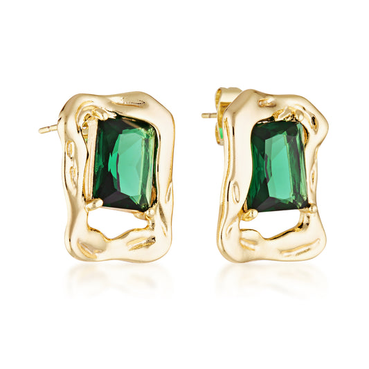 14k gold filled molten earrings green emerald detailing