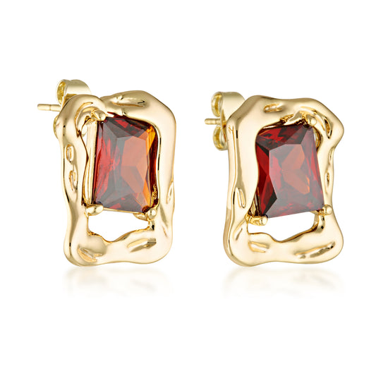14k gold filled molten earrings red ruby garnet detailing