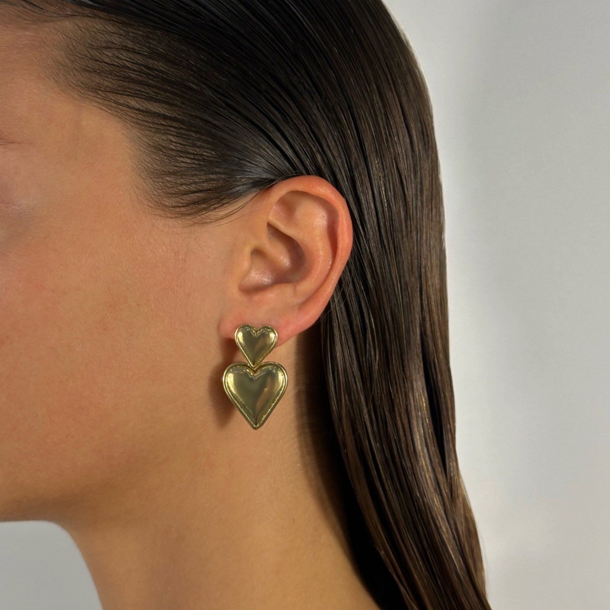 gold double heart drop earrings